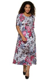 Ulla Popken jersey jurk - grote maten zwart-gebloemd