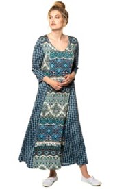 Ulla Popken jurk, a-lijn, wijde v-hals, 3/4 mouwen - grote maten donker turquoise