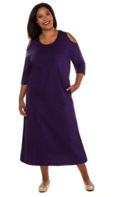 Ulla Popken jurk, a-lijn, schouder cut-outs, 3/4 mouwen - grote maten zwarte bosbes