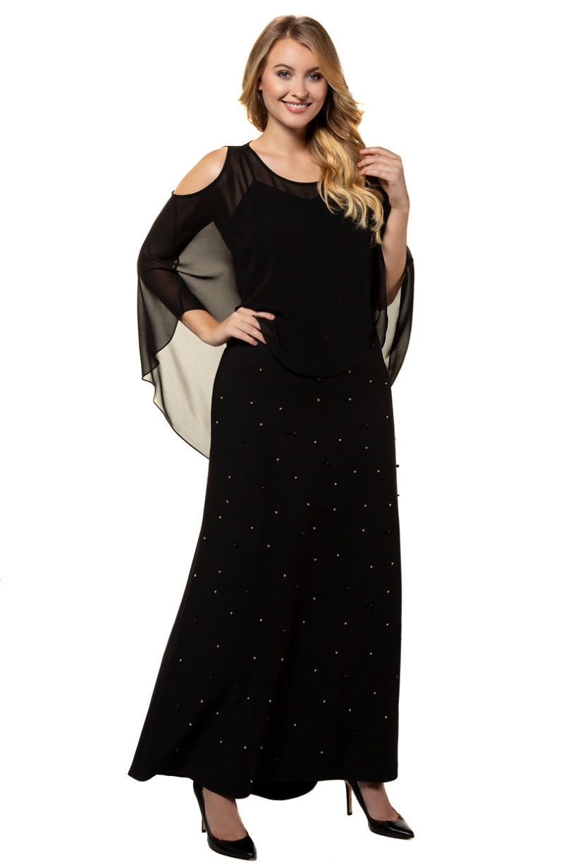 Robe du soir, longue, tombé lisse, perles, étole - Grande Taille