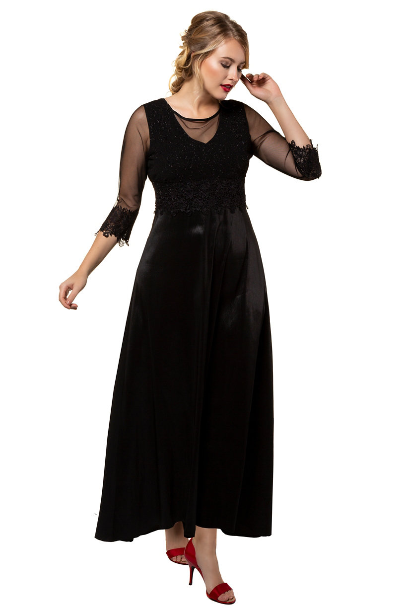 Robe du soir, dentelle, top opaque, jupe taffetas - Grande Taille