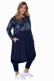 Ulla Popken sweatjurk, bloemendessin, wijde rok, lange mouwen - grote maten marine