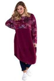 Ulla Popken sweatjurk, bloemendessin, wijde rok, lange mouwen - grote maten framboos