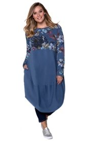 Ulla Popken sweatjurk, bloemendessin, wijde rok, lange mouwen - grote maten polarblue